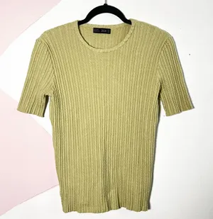 Wool Blend Cable‎ Knit Top Womens Medium Short Sleeve Green Comfy Preppy thumbnail 1