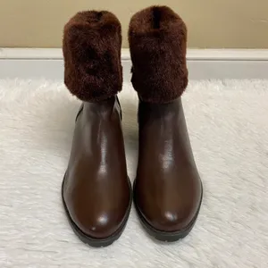 H By Halston Caroline Brown Leather Ankle Boot Faux Fur Size 7 thumbnail 3