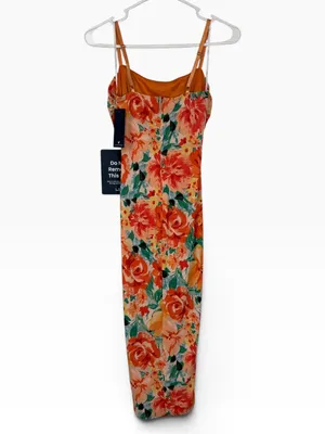 NWT * LULU’S Date Night Beauty Orange Floral Print Mesh Ruched Midi Dress Sm thumbnail 8