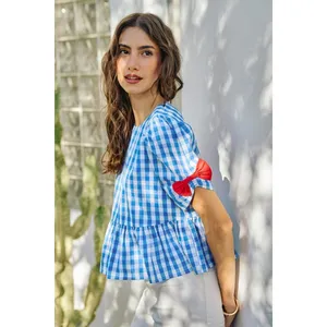 SO ME 4th Of July Gingham Ribbon Detail Short‎ Sleeves Blouse - Medium thumbnail 5