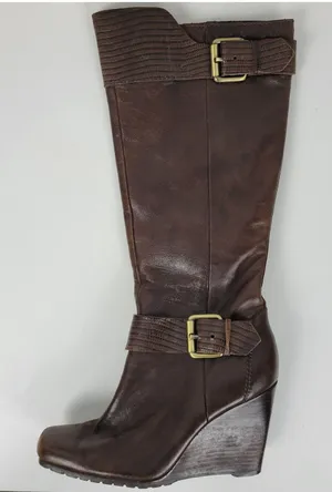 a.n.a. A New Approach Womens Boots 7 Brown Leather Knee High Wedges Heels Buckle thumbnail 1