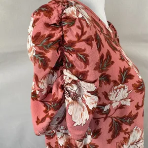 Loft Blouse Sz S Pink Rayon Floral Print Round neckline Ruched Short Sleeve thumbnail 2