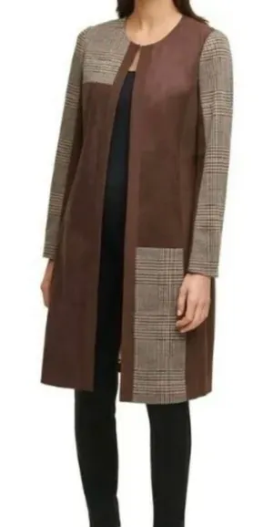 Calvin Klein Plaid Suede Jacket Topper Trench Coat Lined Preppy Brown Tan thumbnail 1