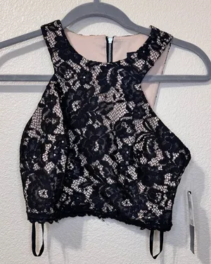 Xscape Black Lace Halter Crop Top – New With Tags thumbnail 1