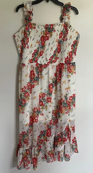 Maurices Floral Smocked Midi Dress Red‎ White Ruffle Strap Plus Size 1X thumbnail 1