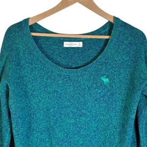 Abercrombie & Fitch Marled Knit Scoop Neck Sweater Teal Green Preppy Logo Size M thumbnail 3