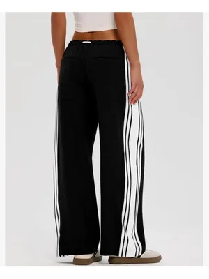 NEW Pants Wide Leg Side Striped Pants Drawstring XS Black thumbnail 2