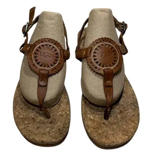 UGG Women Brown Leather Cork Footbed Medallion Thong Ankle Strap Sandals 8 thumbnail 2