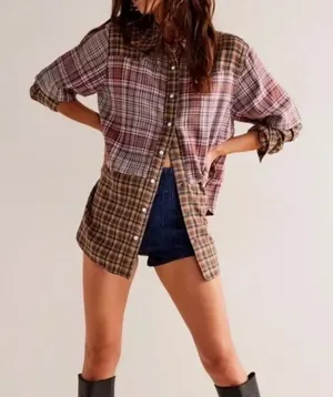 NEW Free People Layer it Up Plaid Flannel Snap Down Top Medium thumbnail 1