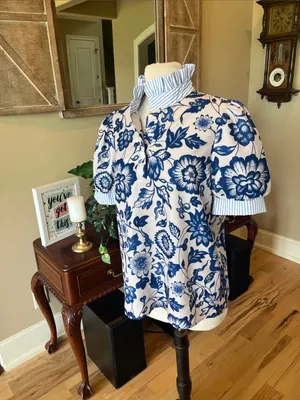 Blue Floral Button Front Top with Striped Trim Size M thumbnail 3