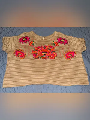 Free People Beige Striped Crop Top with Neon Floral Embroidery-mushroom combo thumbnail 2