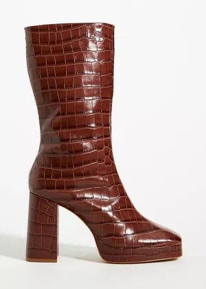 SCHUTZ Raff Croc-Embossed Leather Platform Boots US Size 6 B Brown Mid‎ Calf thumbnail 1