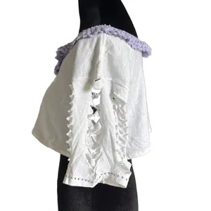 White Cropped Flirty T-Shirt Crochet Neck Trim Shredded Sleeves Festival Rave thumbnail 3