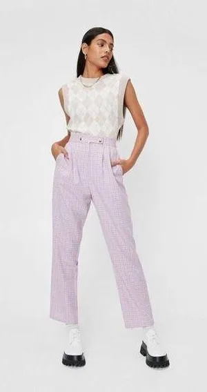 NWT Nasty Gal Sz 10 High Waisted Tapered Check Pants In Lilac thumbnail 1