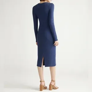 Quince NWT Tencel Rib‎ Knit Long Sleeve Midi Dress in Navy Blue Size Small thumbnail 2