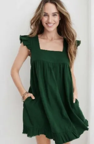 Aerie Emerald Mini Dress Sz M Green Linen Flutter Mini Babydoll Cottagecore thumbnail 1