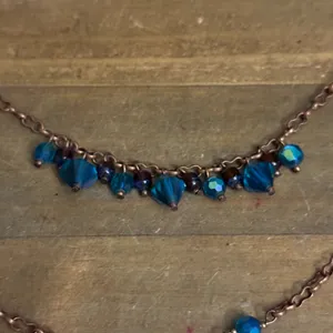 Long layered copper tone iridescent teal bead necklace thumbnail 3