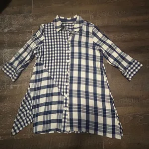 Soft Surroundings Navy Blue Mixed Plaid Asymmetrical Button Front Tunic Large thumbnail 1