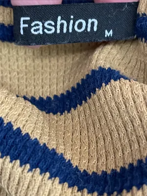 Fashion Striped Crewneck Henley Top in Tan & Navy thumbnail 4