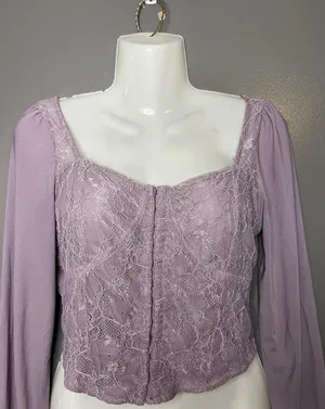 Kirious Blouse Womens Medium Purple Lace Square Neck Long Sleeve Cropped Top thumbnail 1