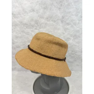 Sun N Sand Tan Woven Straw Bucket Hat UPF 50+ Wood Bead Band Adjustable thumbnail 2