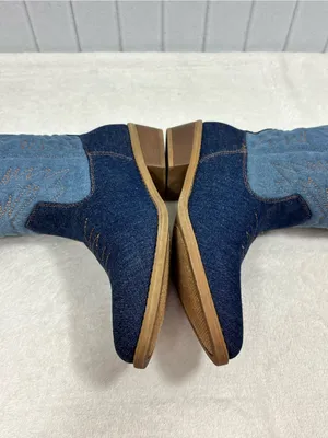 C. Est 1946 Denim Two-Tone Cowboy Heeled Boots Blue Wide Calf Size 7 thumbnail 7