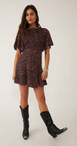 Free People Florence Black Pink FloralPrint Short Sleeve Mini Dress thumbnail 1