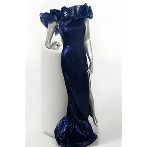 Sherri Hill 55328 Navy Blue Sequin Off-The-Shoulder Ruffle Gown – Size 00 thumbnail 5