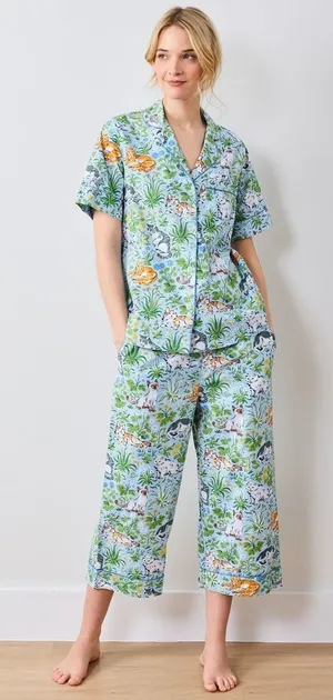 Printfresh Must Love Cats Pajama Set XS Blue Organic Cotton Top & Crop Pants NWT thumbnail 1