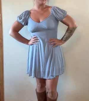 See You Monday Blue Puff Sleeve Mini Dress Medium Babydoll thumbnail 1