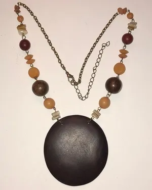 Vintage Wooden Pendant & Soft Satin Gold Beaded Chain Boho Necklace thumbnail 1