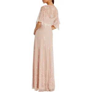 Mac Duggal Blush Pink V Neck Flounce Sleeve Embellished Mesh Gown Size 8 thumbnail 2