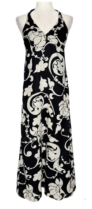 Y2K Old Navy Floral Maxi Dress Black White S Linen Blend Babydoll‎ Halter Beachy thumbnail 1