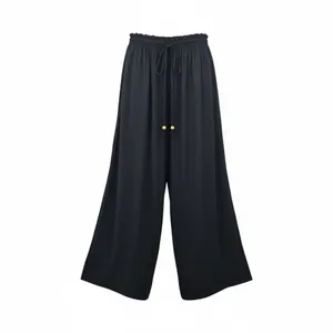 Black Wide Split Flowy Straight Beach Vacation Lounge 90s Pullon Boho Pants XS‎ thumbnail 3
