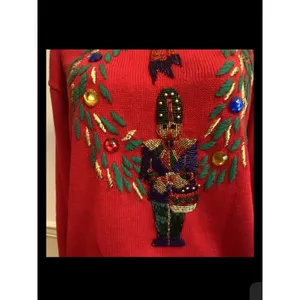 Vintage 90s Lindsey Blake Nutcracker Wreath Holiday Christmas Sweater Red Beaded thumbnail 4
