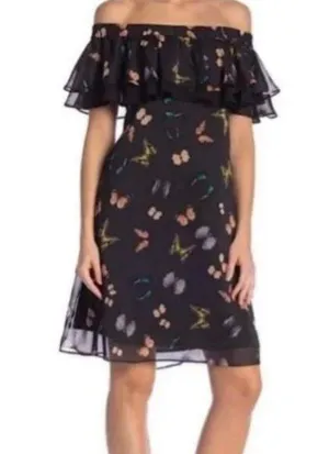 Sam Edelman 0 XS Silk Butterfly Off the Shoulder Black Dress thumbnail 1
