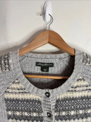 Vintage Eddie Bauer Ribbed Gray Fair Isle Nordic Buttoned Sweater Cardigan sz Mp thumbnail 4