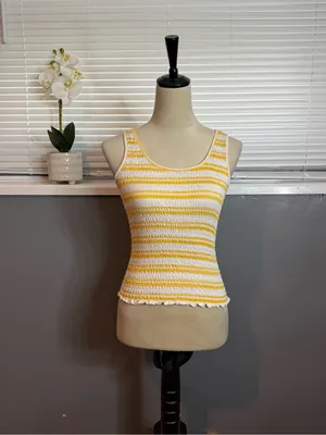 SO Yellow White Smocked Tank Top Size Small 100% Cotton Summer Beach thumbnail 2