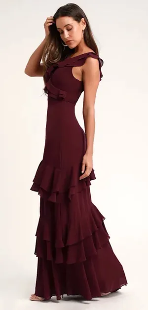 Lulus NWT XS Women Burgundy Ruffled Maxi Dress Flamenco Flare Evening Formal thumbnail 1