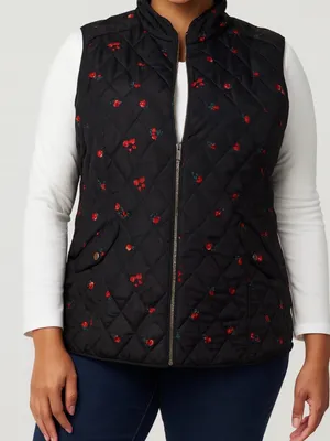 Charter Club Black & Red Floral Quilted Puffer Vest Size Large Like New thumbnail 1