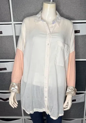Free People Rainbow Rays Patchwork Pastel Button Up Shirt Blouse Size Medium thumbnail 1