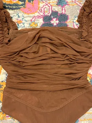 House Of CB Emme Mocha Ruched Chiffon Puff Sleeve Bodysuit Top Size Large thumbnail 8