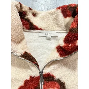 Loft Floral Sherpa Fleece Quarter Zip Pullover Cream Red Brown Small thumbnail 4