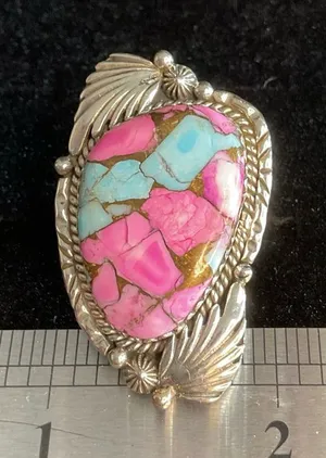 Sterling Silver 925 Adjustable ring. Cotton Candy Pink and Turquoise Stone Ring thumbnail 1