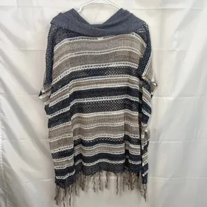 Democracy women's tan gray knit cowl neck tassel crocheted‎ sweater poncho large thumbnail 7