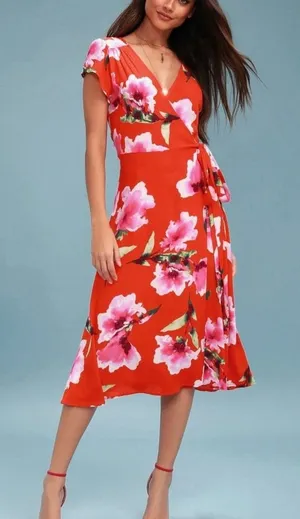 NWT Lulus Have Love Will Travel Coral Red Floral Gauze‎ Wrap Midi Dress Size XL thumbnail 1