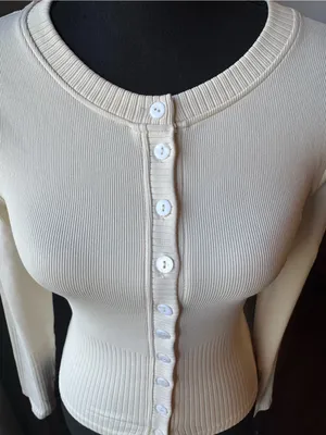 OQQ Ribbed Button-Front Long Sleeve Cardigan - Cream medium nwot thumbnail 2