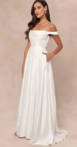 Lulu's Extraordinary Vow Off Shoulder Wedding Dress White XL Pockets A-Line thumbnail 1