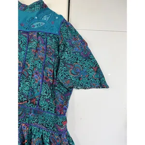 Vintage Phool Paisley Midi‎ Dress Teal Purple Mock Neck Short Sleeve India M thumbnail 6
