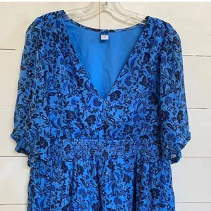 Old Navy Women's Blue Floral Midi Dress Smocked Waist V Neck Casual - L EUC thumbnail 5